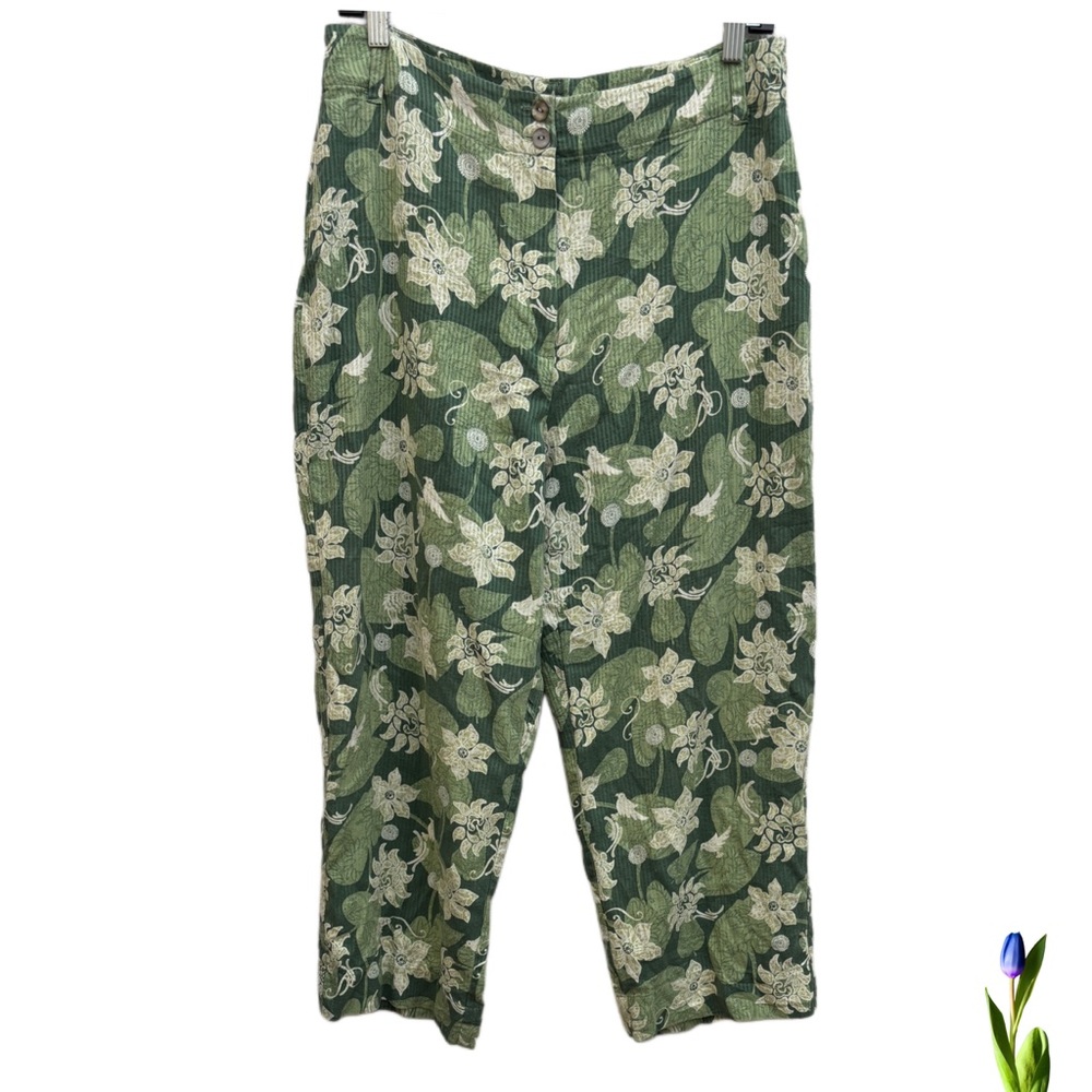 Royal Robbins Green Hawaiian Floral Capris pants green leaves 100% Silk Size 12